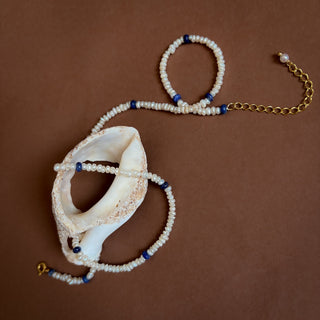 Tiny freshwater pearl and lapis lazuli bead collar necklace with gold vermeil clasp