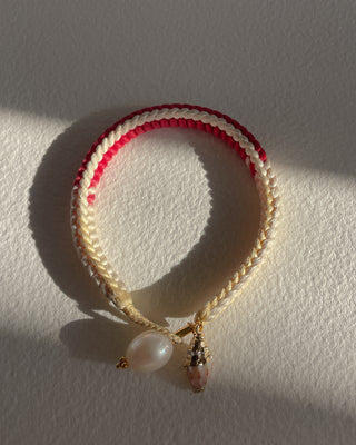 Exquisite woven Japanese silk bracelets with accents of freshwater pearl and gold edged shell