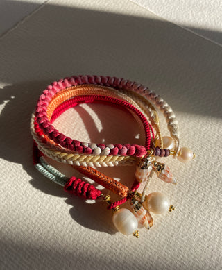 Exquisite woven Japanese silk bracelets with accents of freshwater pearl and gold edged shell