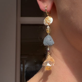 Seashell freshwater pearl and gemstone cascade drop earrings