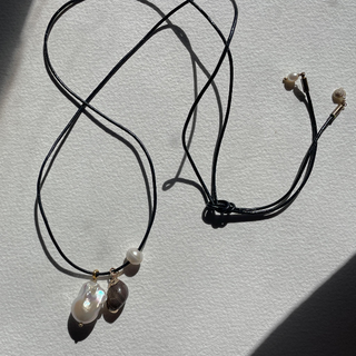 Baroque pearl and shell on leather thong cord long necklace wrap belt 100cm long