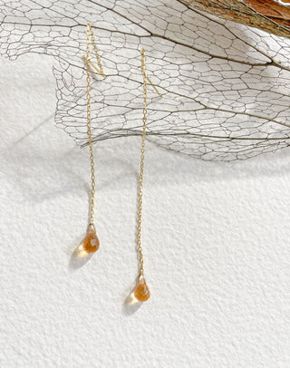 Willa gold threader earrings gold vermeil drop earrings close up on fern